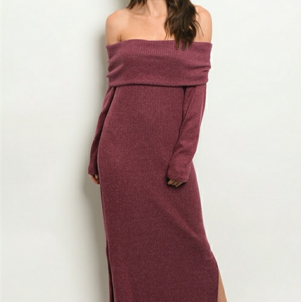 Off Shoulder Long Sleeve Berry Sweater Dress - Picture 2 of 8